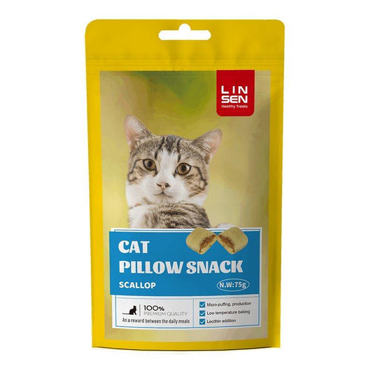 LINSEN CAT PILLOW SNACK 50g With Scallop مكافآت جافة بنكهة محار البحر