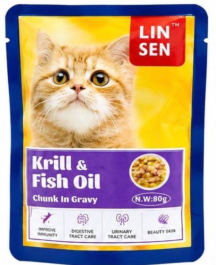 LINSEN Chunk in gravy 80g With KRILL & FISH OIL بنكهة زيت السمك والكريل