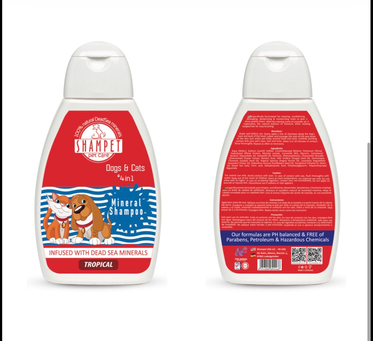 Shampet Dogs & Cats 4in1 Tropical 250 ml لتقليل تساقط الشعر واعطاء لمعان وإزالة الروائح بنكهة التروبيكال
