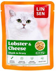 LINSEN Chunk in gravy 80g With CHEESE & LOBSTER مغلف مع مرق للقطط بنكهة الجبنة والكركند