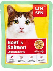 LINSEN Chunk in gravy 80g With BEEF & SALMON مغلف للقطط بنكهة السالمون واللحمة