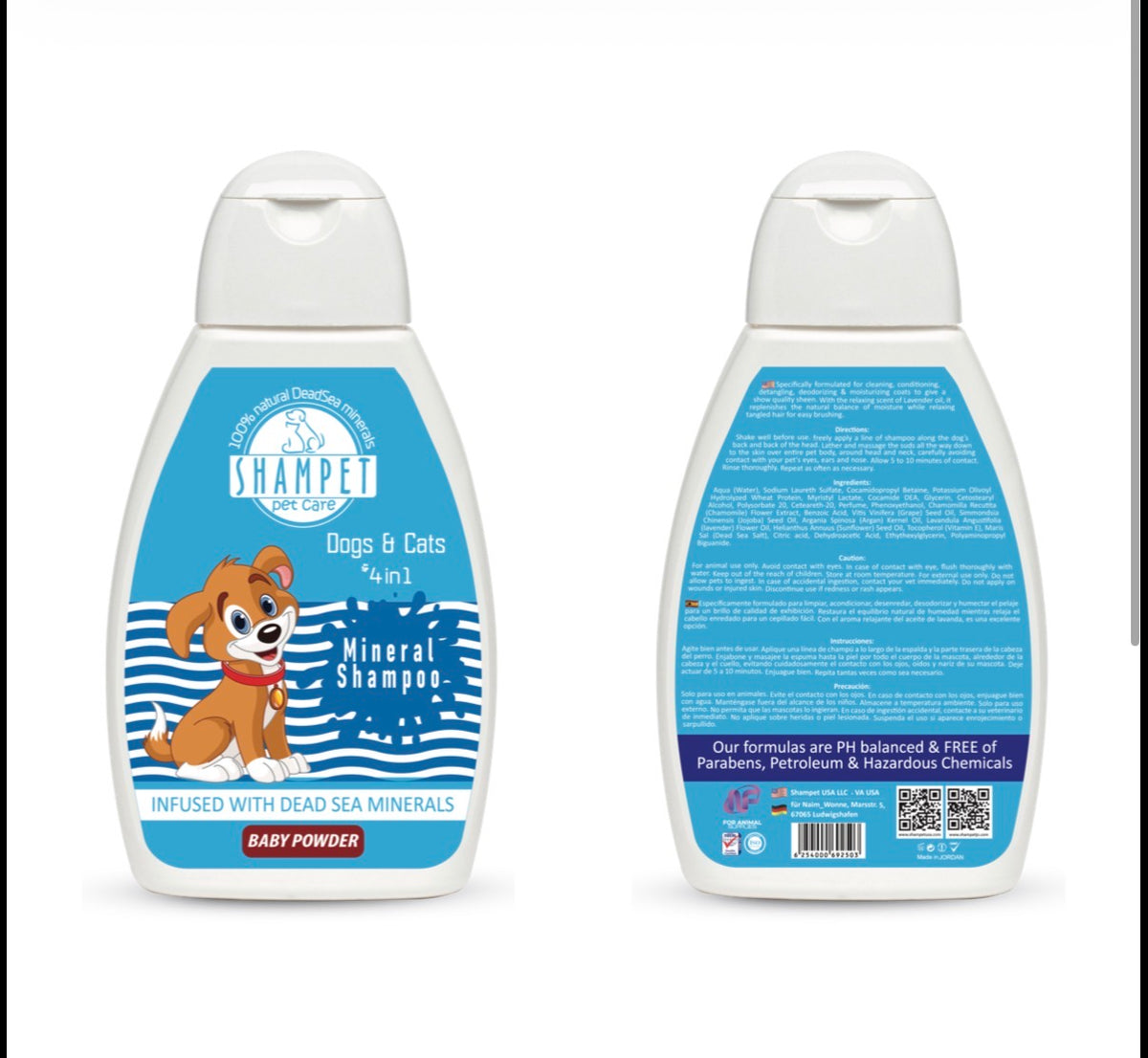 Shampet Dogs & Cats 4in1 baby powder 250 ml لتقليل تساقط الشعر واعطاء لمعان وإزالة الروائح بنكهة بيبي باودر