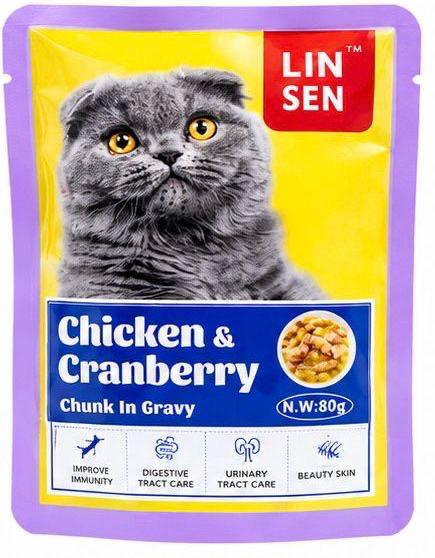 LINSEN Chunk in gravy 80g With CHICKEN & CRANBERRY مغلف مع مرق للقطط بنكهة الدجاج