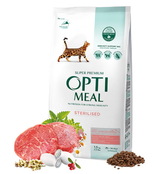 Opti meal Dry For Sterilised Cats High In Beef & Sorghum 10kg