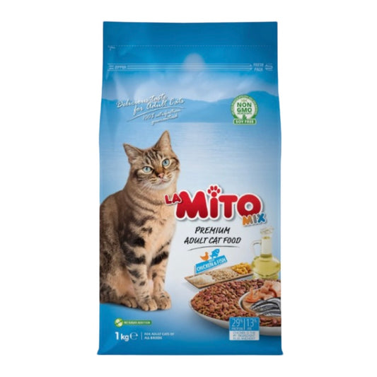 Mito adult mix 1 kg للقطط البالغة بنكهة الدجاج والسمك واللحم
