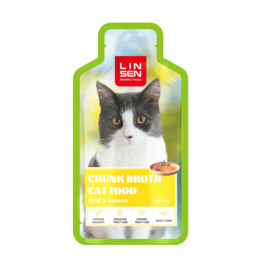 LINSEN Chunk Broth Wet Fishoil & Salmon 50g  بنكهة السالمون وزيت السمك