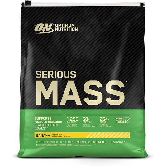 Optimum Nutrition Serious Mass, a high-calorie weight gain protein powder and 12 lb