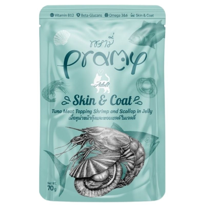 PRAMY Skin & Coat With Tuna & Shrimp 70g مغلف للقطط بنكهة التونة والجمبري